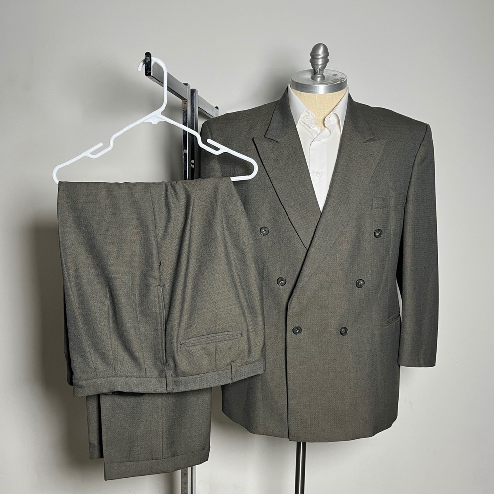 Kuppenheimer Suit Mens 48R 42x30 Olive Green Solid Double Breasted Vintage Wool
